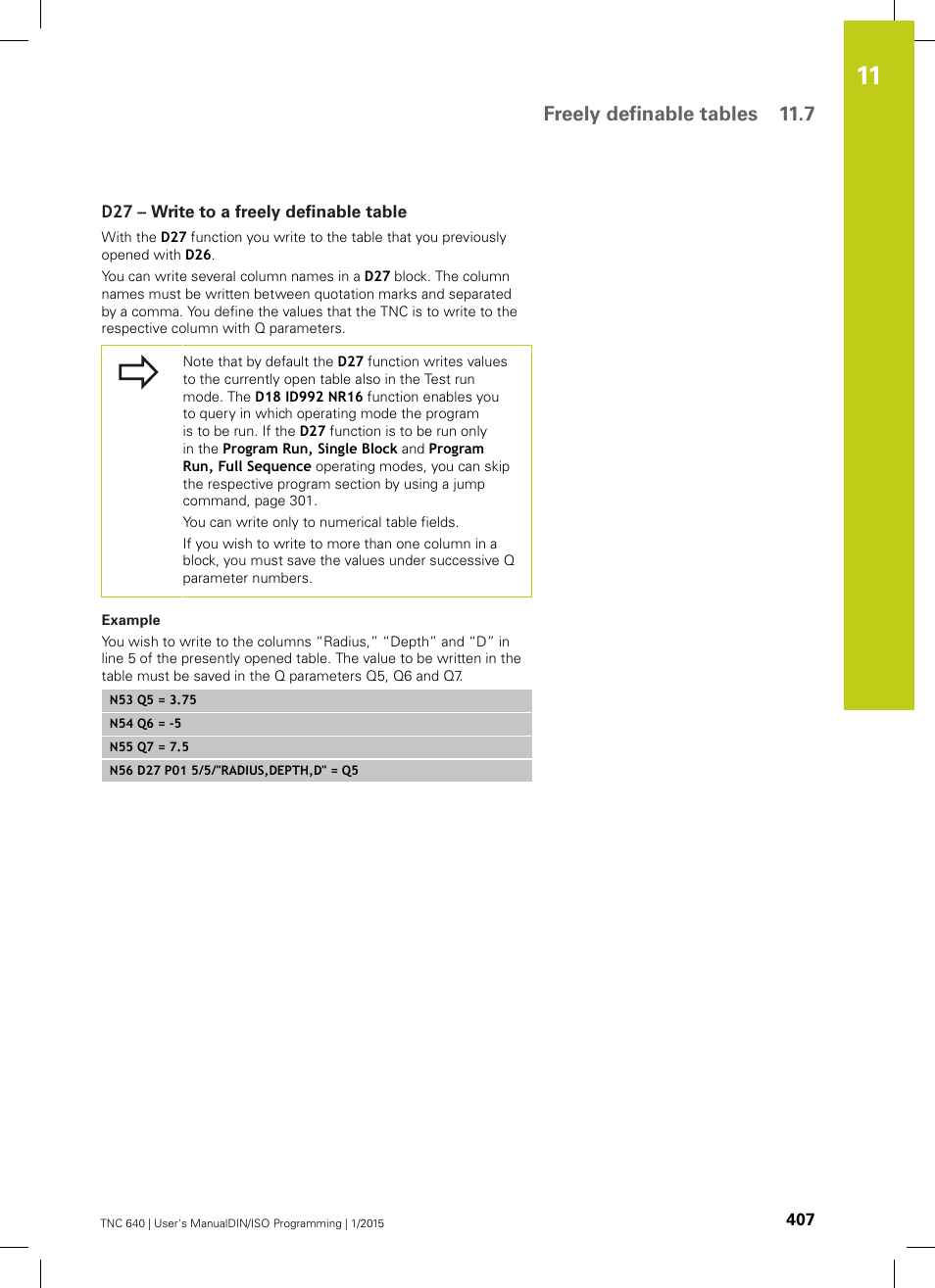 D27 – write to a freely definable table, Freely definable tables 11.7 | HEIDENHAIN TNC 640 (34059x-05) ISO programming User Manual | Page 407 / 676