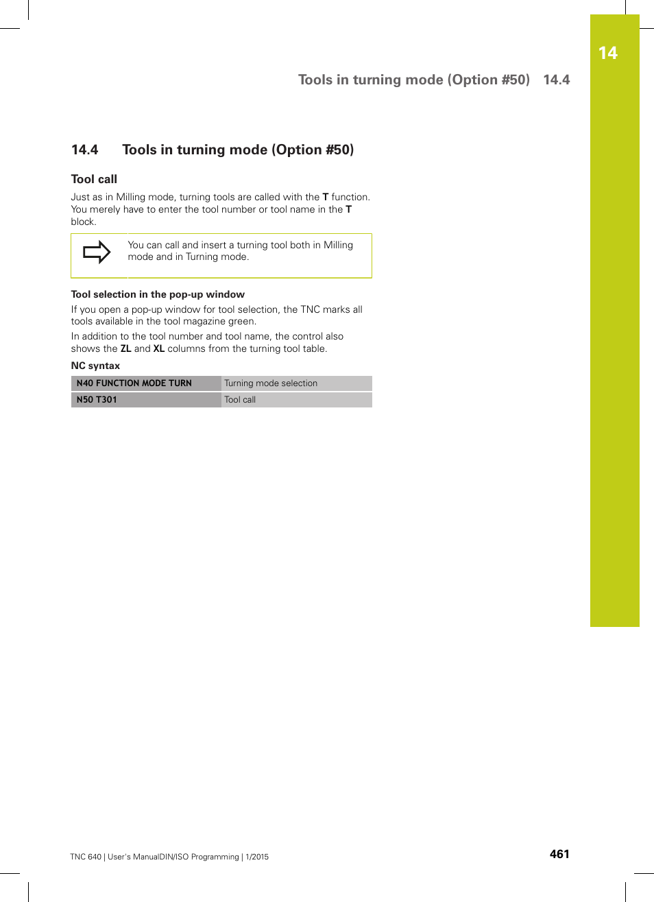 4 tools in turning mode (option #50), Tool call, W ("tool call | Tools in turning mode (option #50) | HEIDENHAIN TNC 640 (34059x-05) ISO programming User Manual | Page 461 / 676