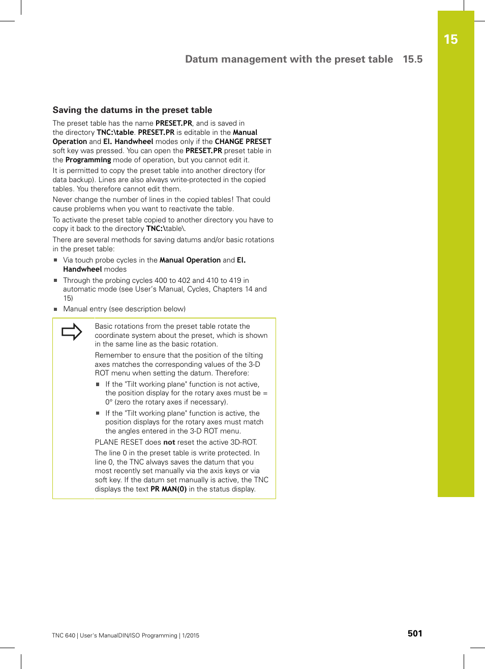 Saving the datums in the preset table, Datum management with the preset table 15.5 | HEIDENHAIN TNC 640 (34059x-05) ISO programming User Manual | Page 501 / 676