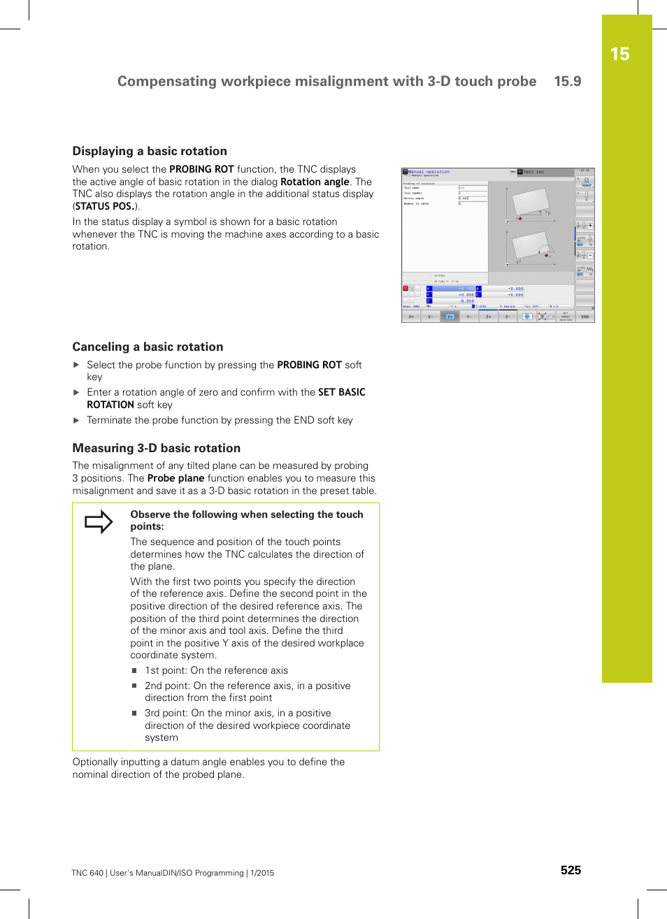 Displaying a basic rotation, Canceling a basic rotation, Measuring 3-d basic rotation | Or aligning a plane ("measuring 3-d | HEIDENHAIN TNC 640 (34059x-05) ISO programming User Manual | Page 525 / 676