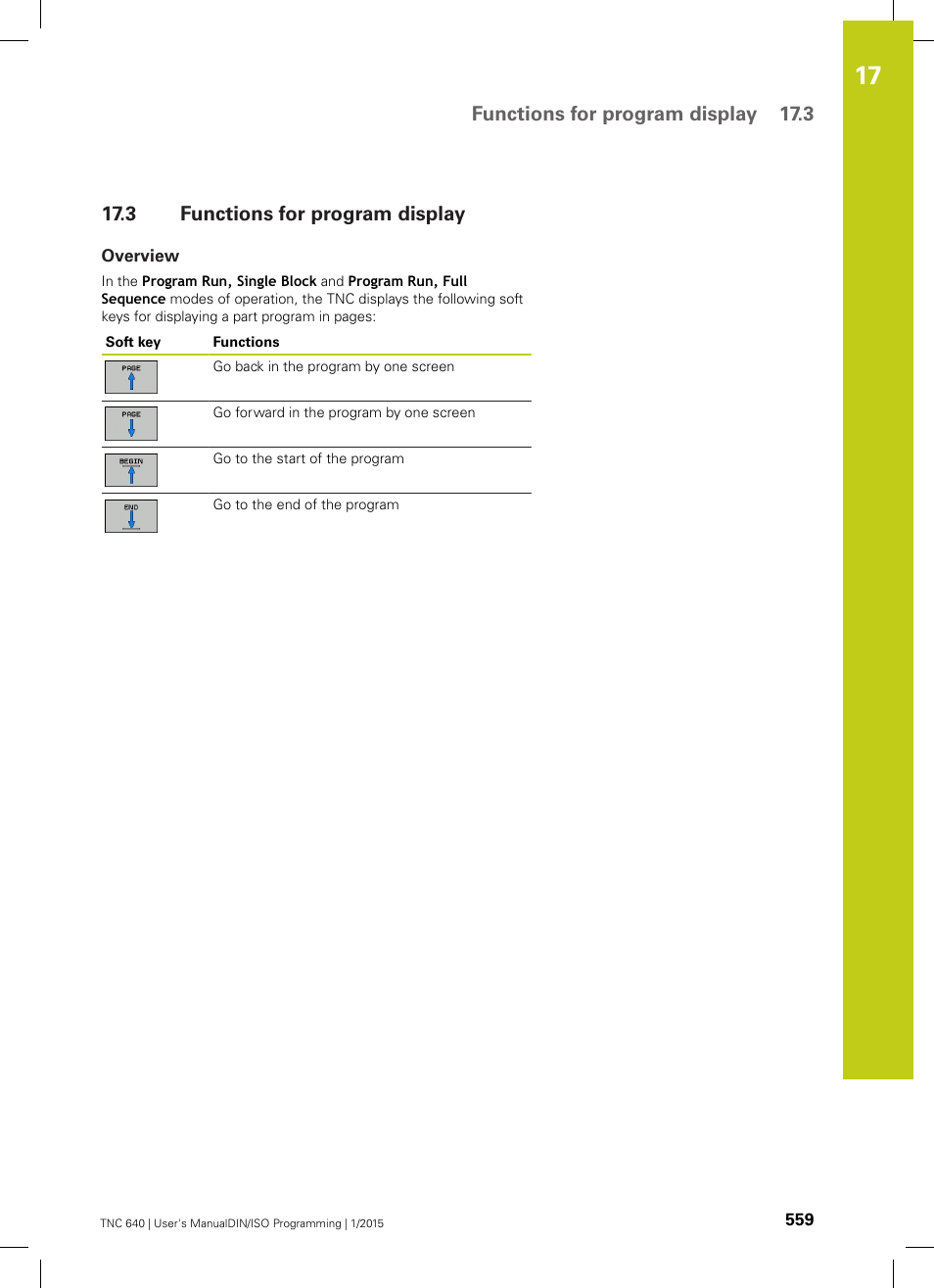 3 functions for program display, Overview, Functions for program display | Functions for program display 17.3 | HEIDENHAIN TNC 640 (34059x-05) ISO programming User Manual | Page 559 / 676