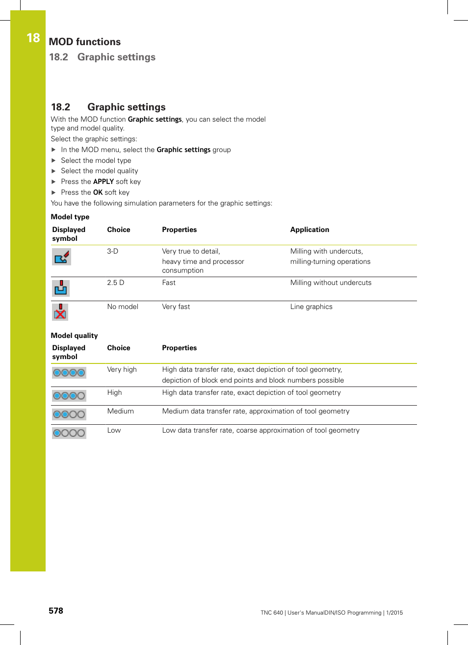2 graphic settings, Tings" ("graphic settings, Graphic settings | Mod functions 18.2 graphic settings | HEIDENHAIN TNC 640 (34059x-05) ISO programming User Manual | Page 578 / 676