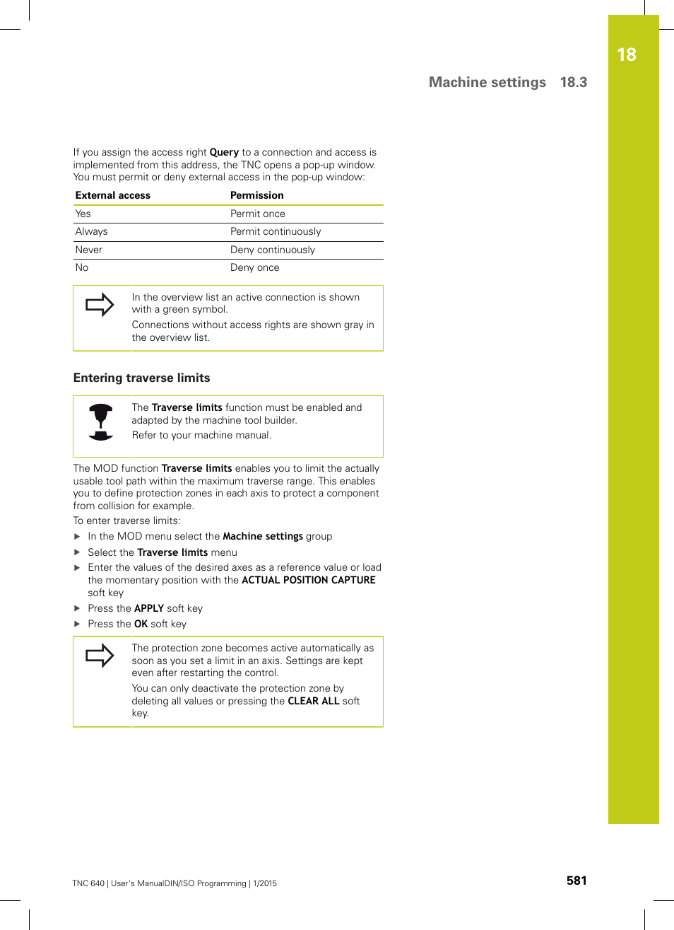 Entering traverse limits, Ones can be defined in the mod menu ("entering, Machine settings 18.3 | HEIDENHAIN TNC 640 (34059x-05) ISO programming User Manual | Page 581 / 676