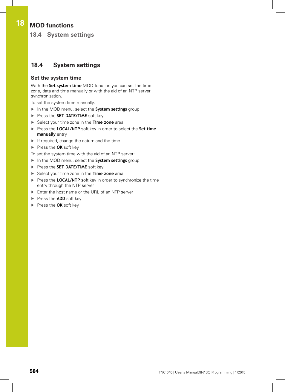 4 system settings, Set the system time, System settings | Mod functions 18.4 system settings | HEIDENHAIN TNC 640 (34059x-05) ISO programming User Manual | Page 584 / 676