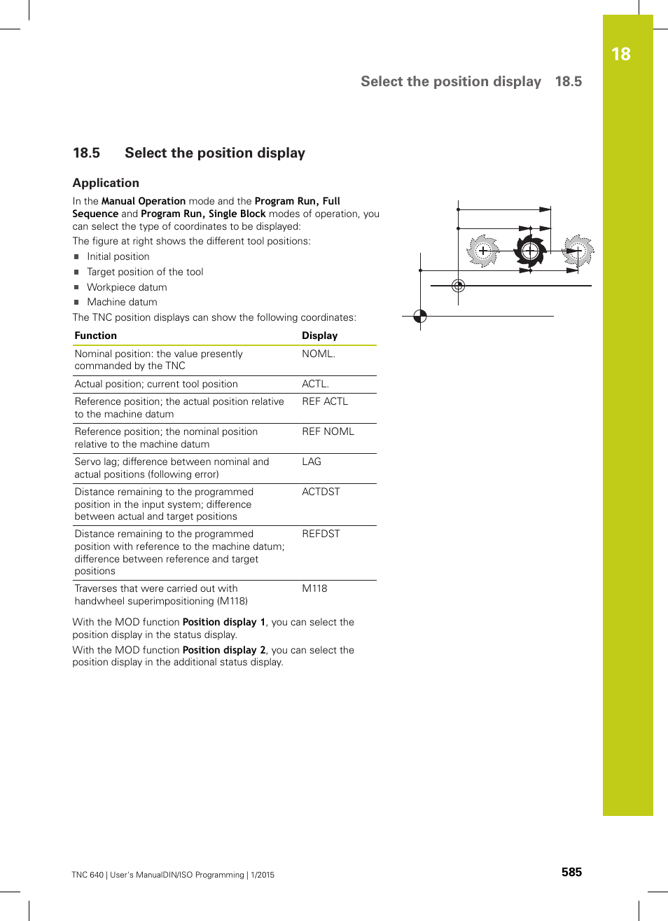5 select the position display, Application, Select the position display | Select the position display 18.5 | HEIDENHAIN TNC 640 (34059x-05) ISO programming User Manual | Page 585 / 676