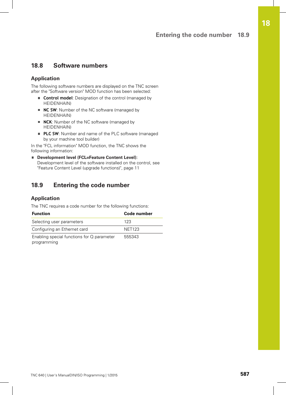 8 software numbers, Application, 9 entering the code number | Software numbers, Entering the code number, Entering the code number 18.9 | HEIDENHAIN TNC 640 (34059x-05) ISO programming User Manual | Page 587 / 676