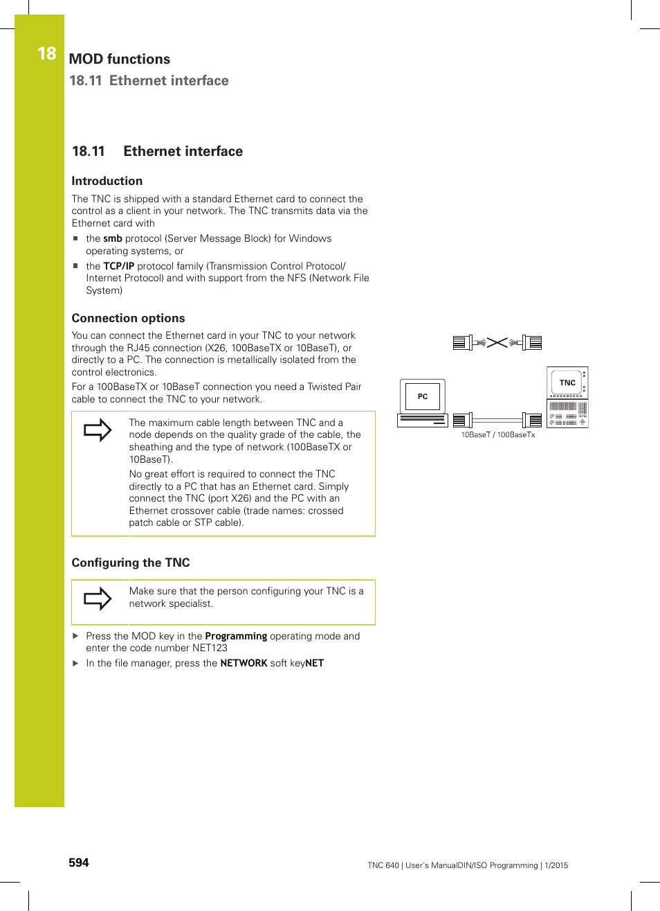 11 ethernet interface, Introduction, Connection options | Configuring the tnc, Ethernet interface, Mod functions 18.11 ethernet interface | HEIDENHAIN TNC 640 (34059x-05) ISO programming User Manual | Page 594 / 676