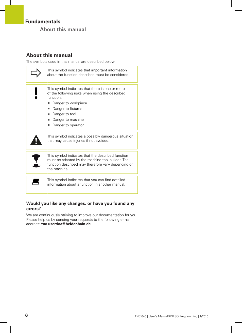 About this manual, Fundamentals about this manual | HEIDENHAIN TNC 640 (34059x-05) ISO programming User Manual | Page 6 / 676