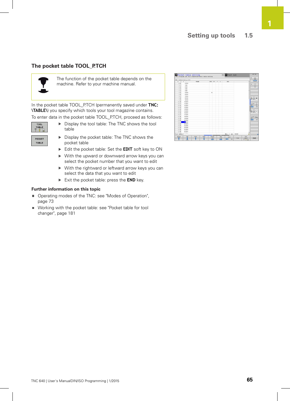The pocket table tool_p.tch, Setting up tools 1.5 | HEIDENHAIN TNC 640 (34059x-05) ISO programming User Manual | Page 65 / 676