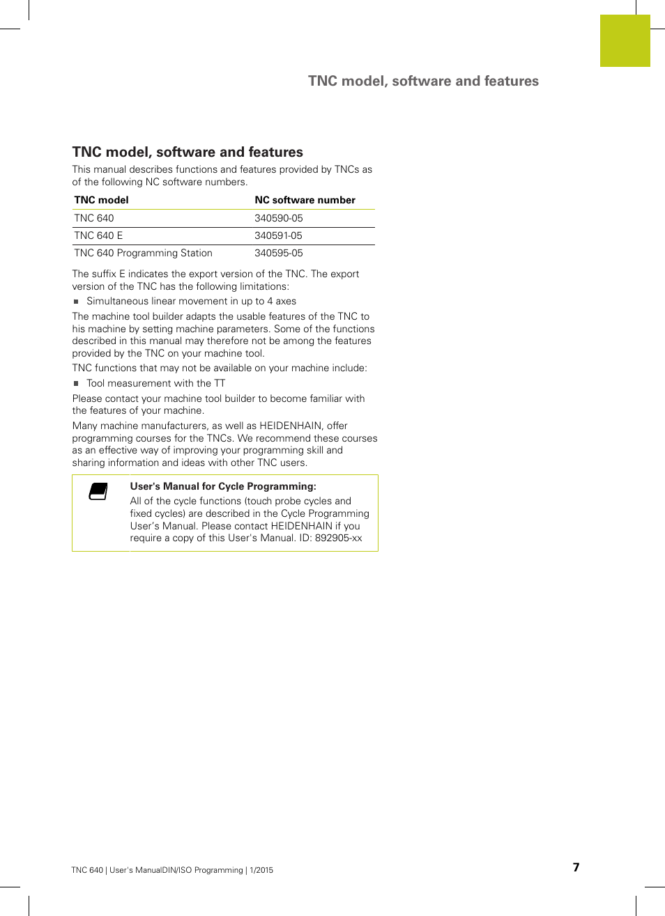 Tnc model, software and features | HEIDENHAIN TNC 640 (34059x-05) ISO programming User Manual | Page 7 / 676