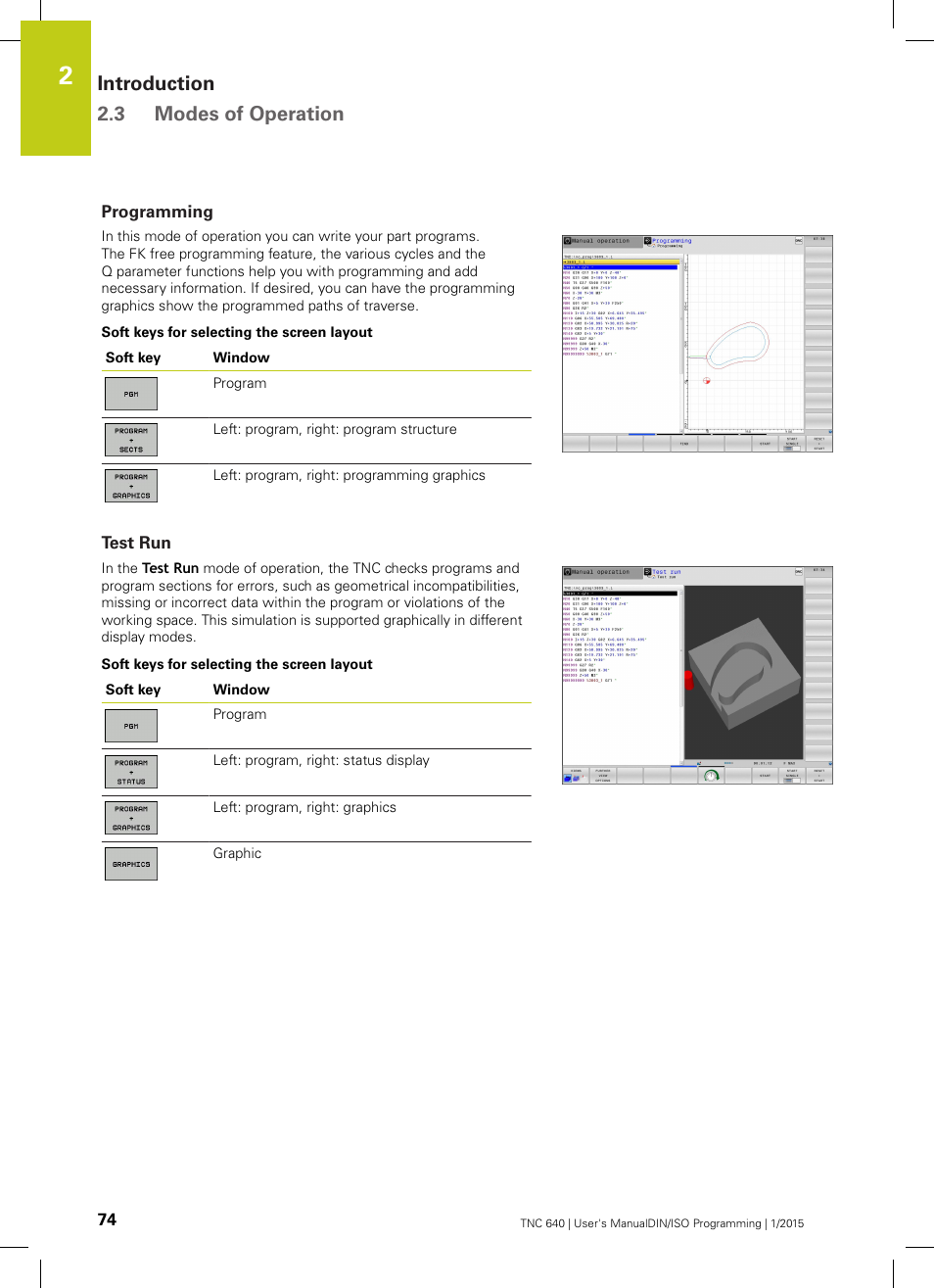 Programming, Test run, Introduction 2.3 modes of operation | HEIDENHAIN TNC 640 (34059x-05) ISO programming User Manual | Page 74 / 676