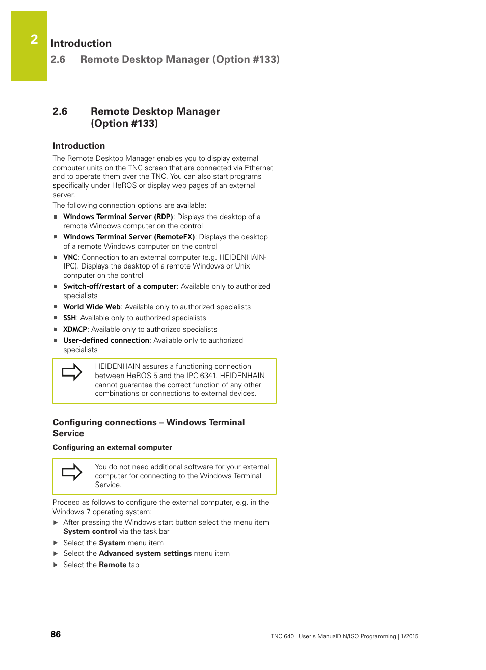 6 remote desktop manager (option #133), Introduction, Configuring connections – windows terminal service | Remote desktop manager (option #133) | HEIDENHAIN TNC 640 (34059x-05) ISO programming User Manual | Page 86 / 676