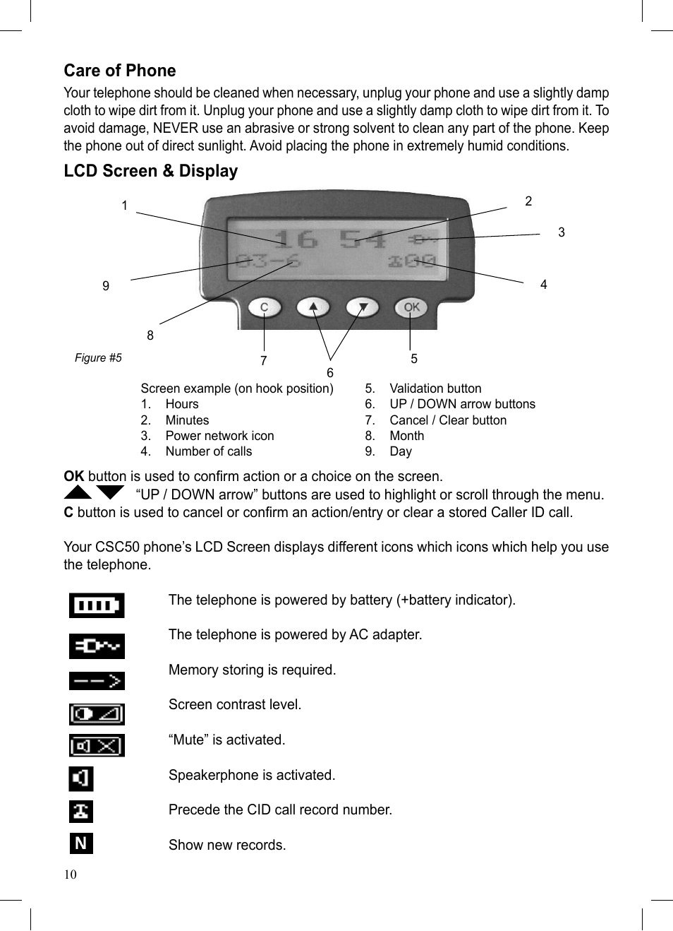 Care of phone, Lcd screen & display | ClearSounds CSC50 User Manual | Page 10 / 36