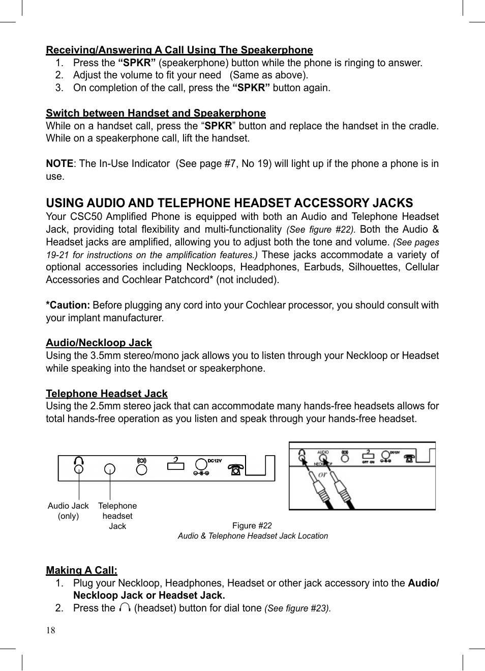 Using audio and telephone headset accessory jacks | ClearSounds CSC50 User Manual | Page 18 / 36