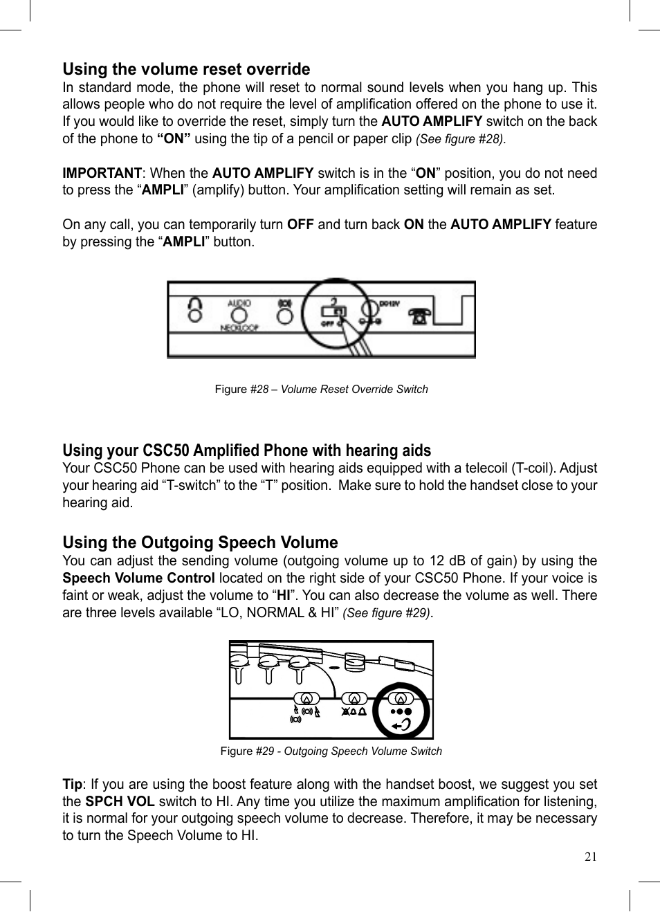 Using the volume reset override, Using your csc50 amplified phone with hearing aids, Using the outgoing speech volume | ClearSounds CSC50 User Manual | Page 21 / 36