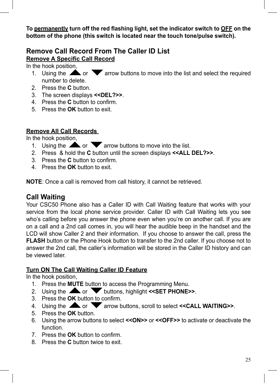 Remove call record from the caller id list, Call waiting | ClearSounds CSC50 User Manual | Page 25 / 36