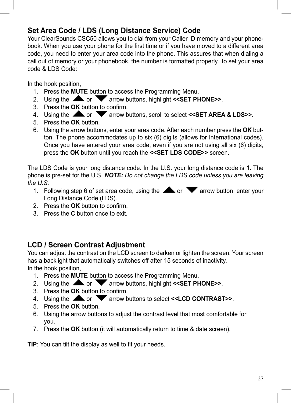 Set area code / lds (long distance service) code, Lcd / screen contrast adjustment | ClearSounds CSC50 User Manual | Page 27 / 36