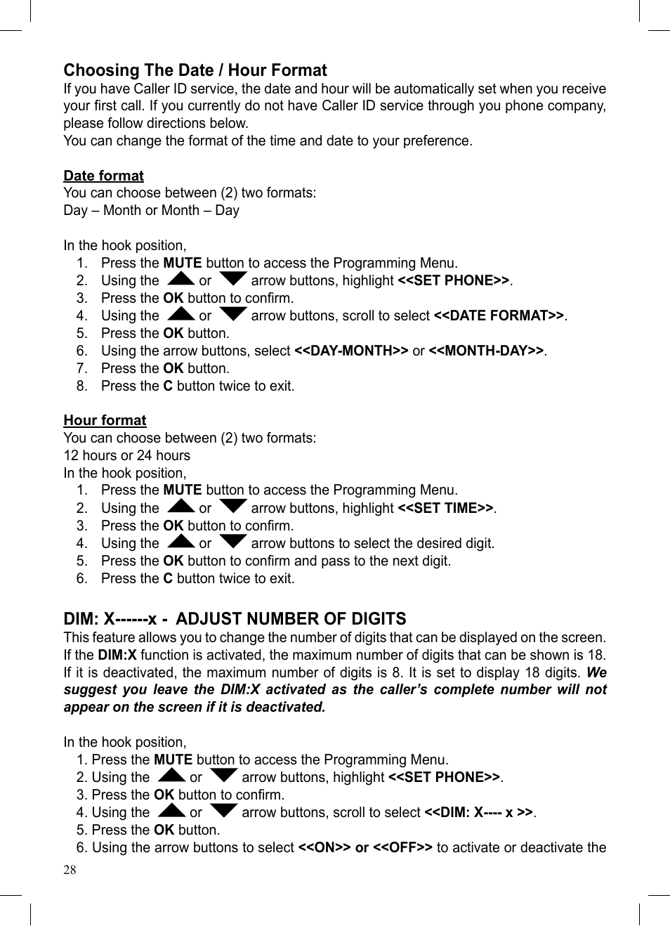 Choosing the date / hour format, Dim: x------x - adjust number of digits | ClearSounds CSC50 User Manual | Page 28 / 36