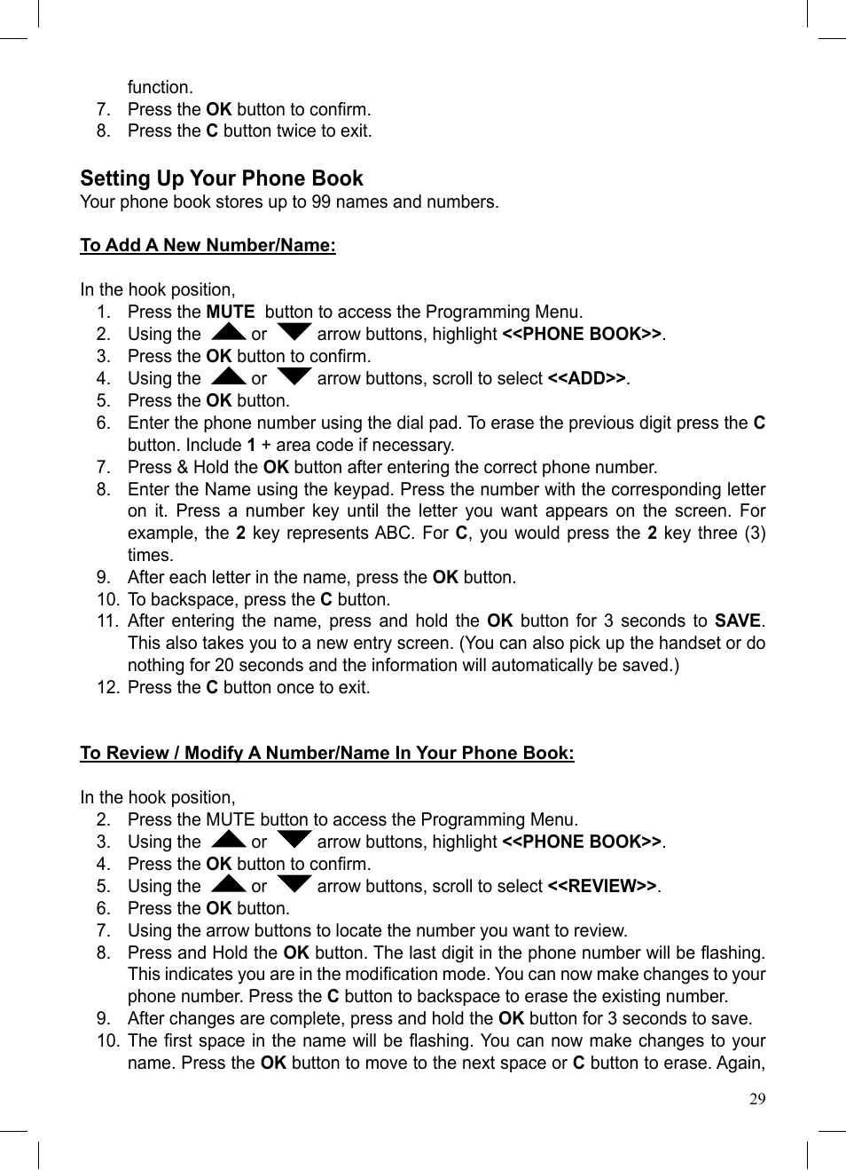 Setting up your phone book | ClearSounds CSC50 User Manual | Page 29 / 36