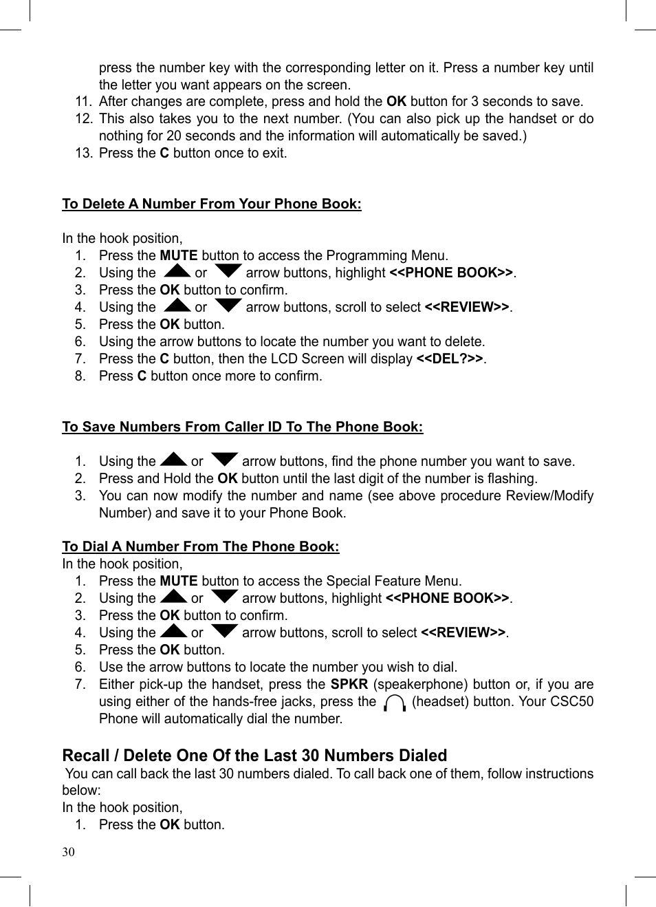 Recall / delete one of the last 30 numbers dialed | ClearSounds CSC50 User Manual | Page 30 / 36