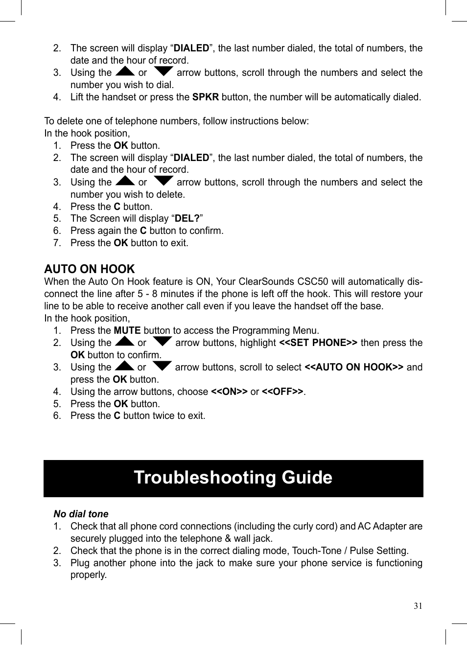 Troubleshooting guide, Auto on hook | ClearSounds CSC50 User Manual | Page 31 / 36