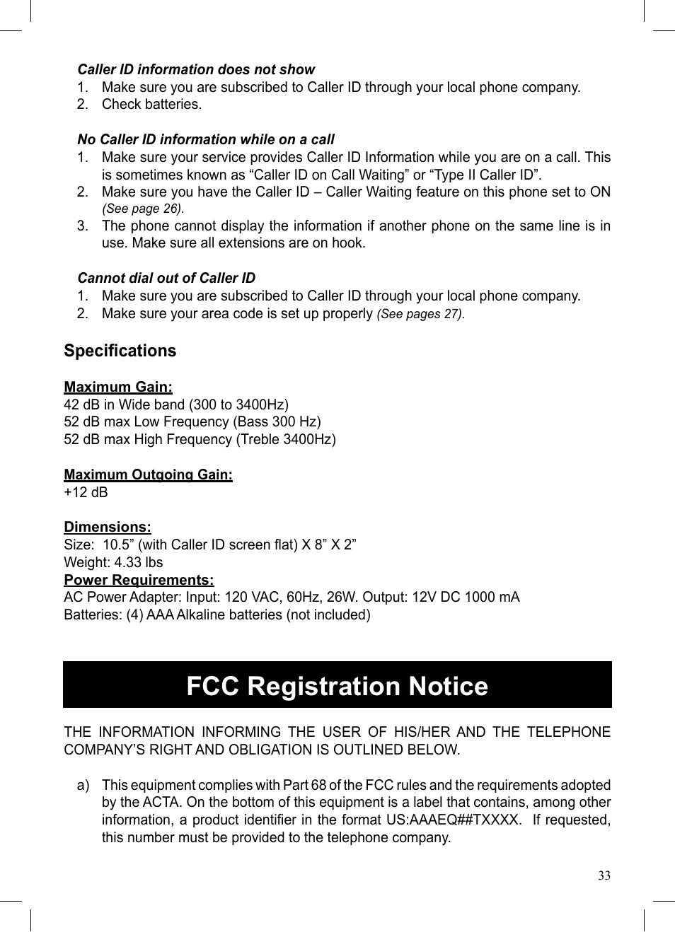 Fcc registration notice | ClearSounds CSC50 User Manual | Page 33 / 36