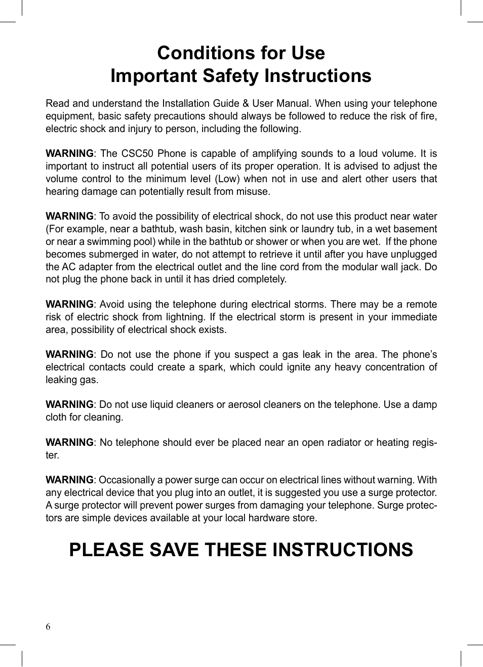 Conditions for use important safety instructions, Please save these instructions | ClearSounds CSC50 User Manual | Page 6 / 36