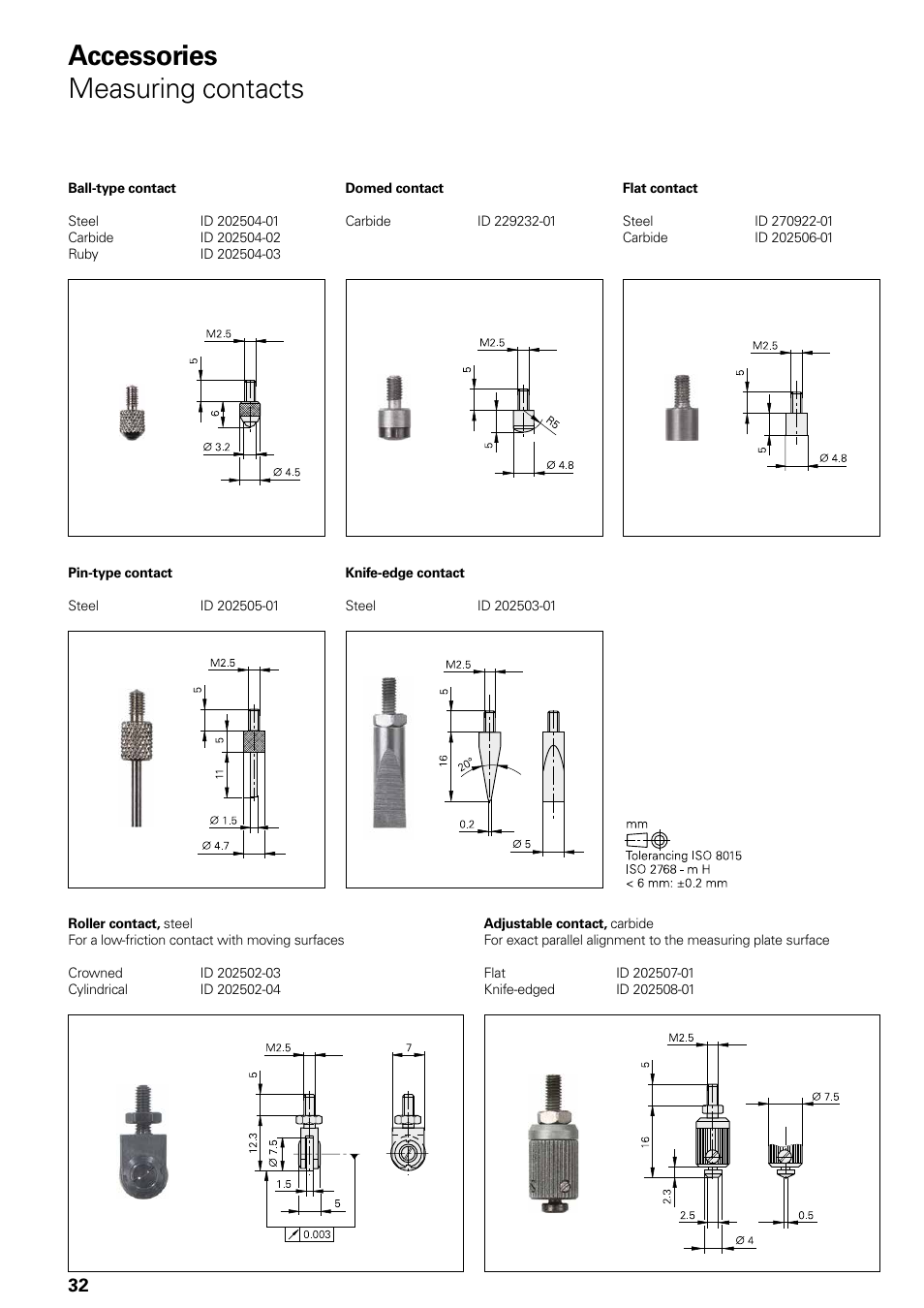 Accessories, Measuring contacts, switch boxes, coupling, Accessories measuring contacts | HEIDENHAIN Length Gauges User Manual | Page 32 / 52