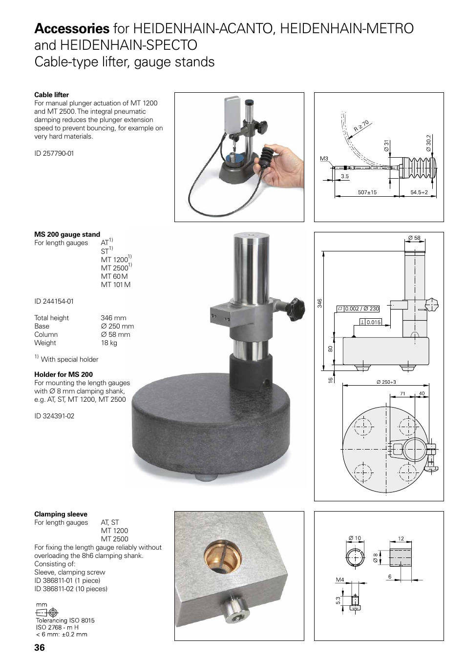 Cable-type lifter, gauge stands, For heidenhain-acanto, heidenhain-metro and, Heidenhain-specto | HEIDENHAIN Length Gauges User Manual | Page 36 / 52
