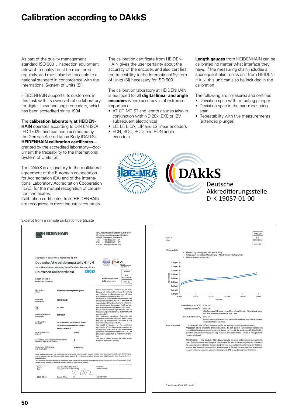 Service calibration according to dakks, Service, Calibration according to dakks | Ͳ <ͳϭϵϭϱϳͳϭϭͳϭϭ | HEIDENHAIN Length Gauges User Manual | Page 50 / 52
