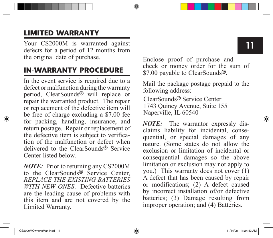 Limited warranty, In-warranty procedure | ClearSounds CS2000M User Manual | Page 11 / 12