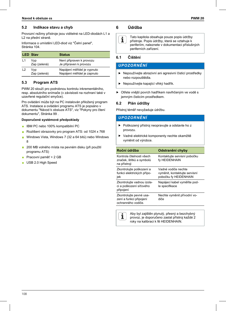 2 indikace stavu a chyb, 3 program ats, 6 údržba | 1 čištění, 2 plán údržby | HEIDENHAIN PWM 20 User Manual | Page 106 / 180