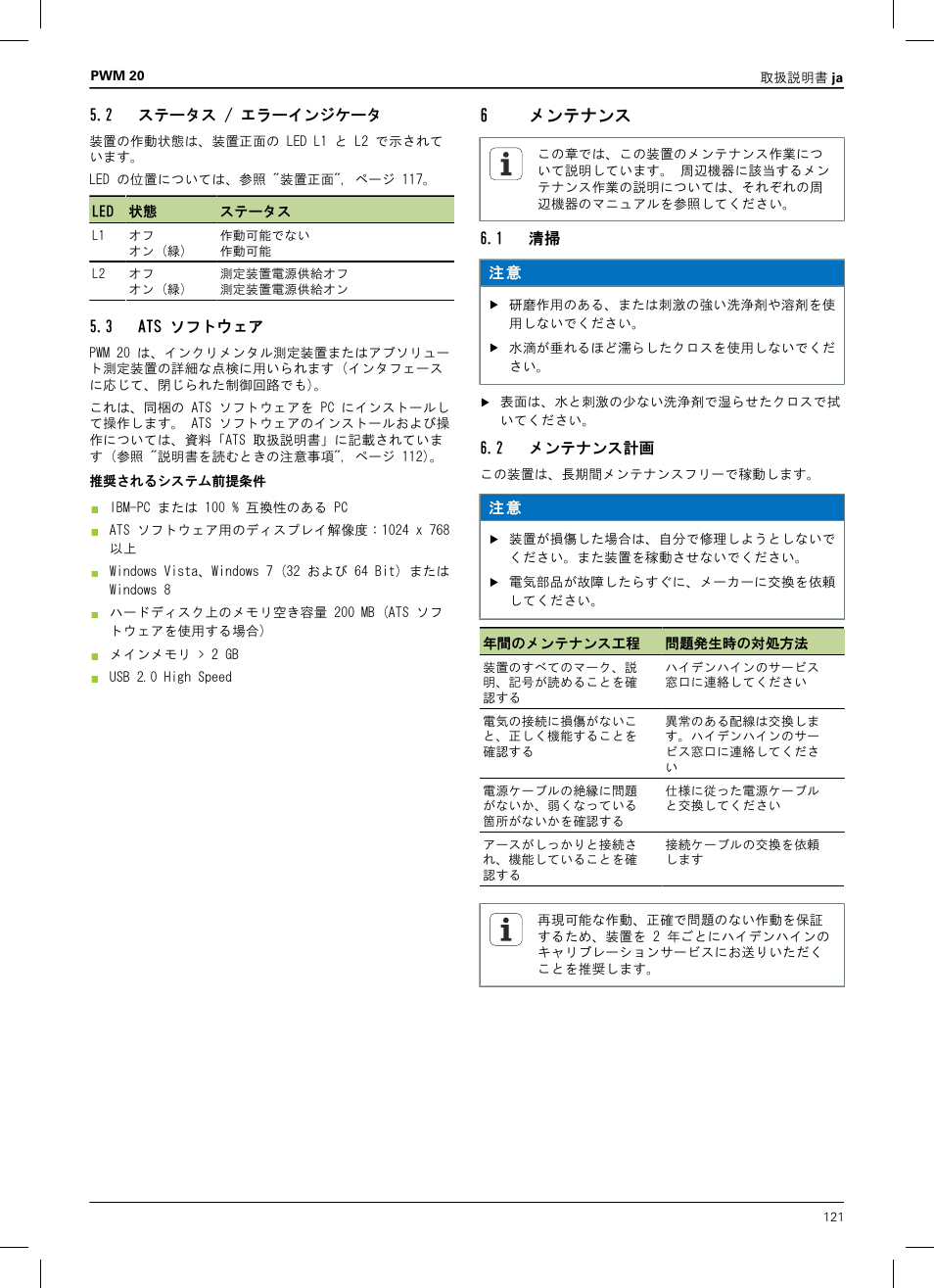 2 ステータス / エラーインジケータ, 3 ats ソフトウェア, 6 メンテナンス | 1 清掃, 2 メンテナンス計画 | HEIDENHAIN PWM 20 User Manual | Page 119 / 180