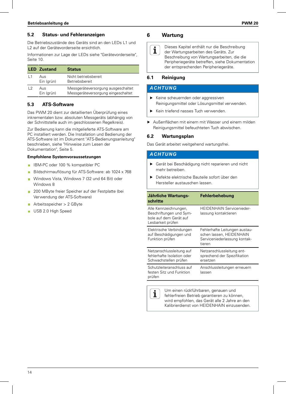 2 status- und fehleranzeigen, 3 ats-software, 6 wartung | 1 reinigung, 2 wartungsplan | HEIDENHAIN PWM 20 User Manual | Page 12 / 180