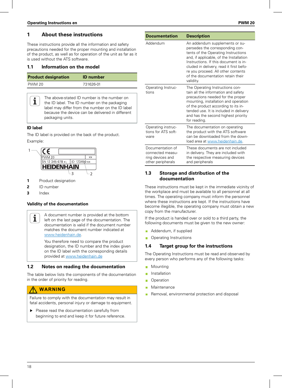 1 about these instructions, 1 information on the model, 2 notes on reading the documentation | 3 storage and distribution of the documentation, 4 target group for the instructions, Operating instructions | HEIDENHAIN PWM 20 User Manual | Page 16 / 180