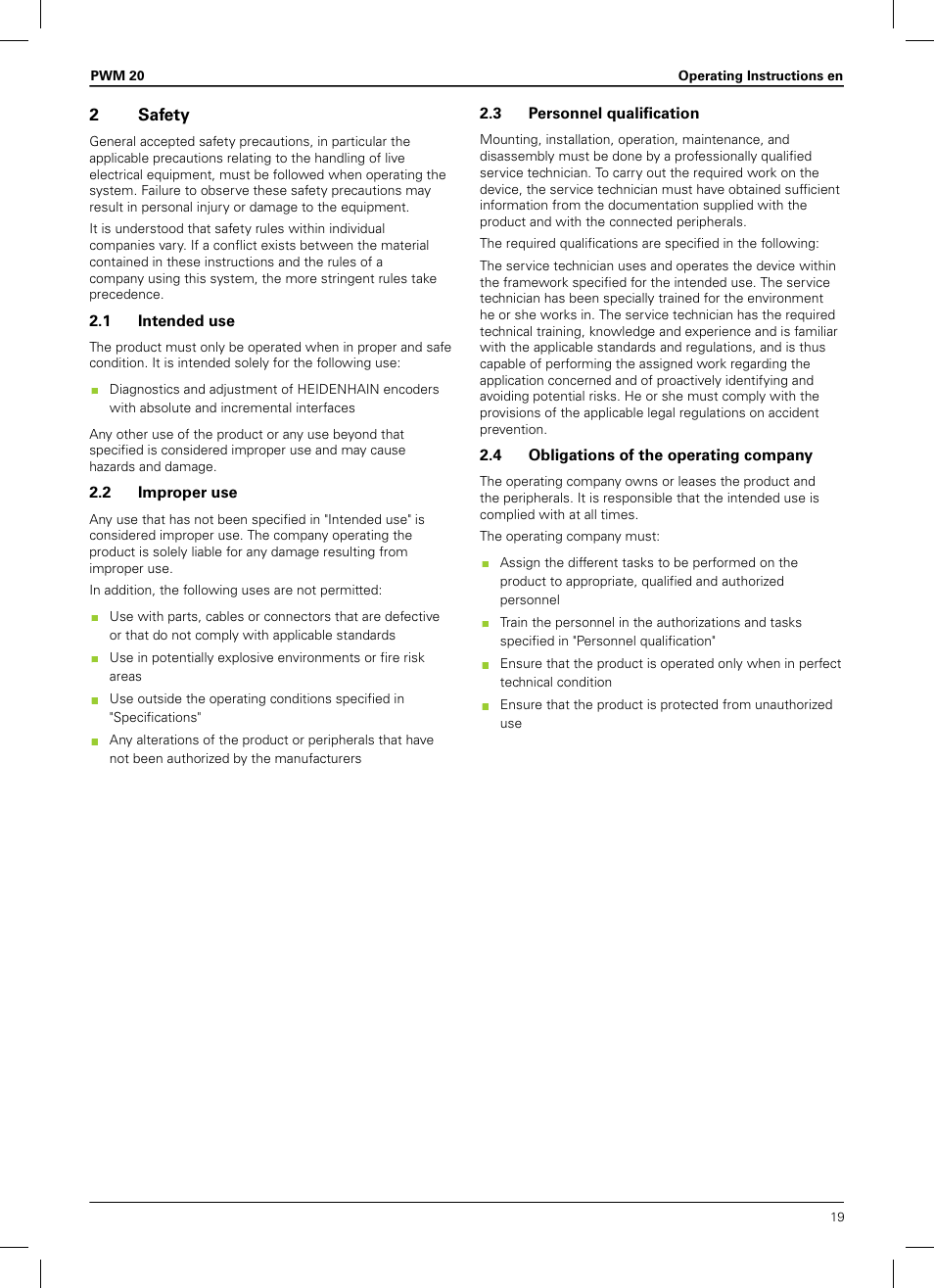 2 safety, 1 intended use, 2 improper use | 3 personnel qualification, 4 obligations of the operating company | HEIDENHAIN PWM 20 User Manual | Page 17 / 180