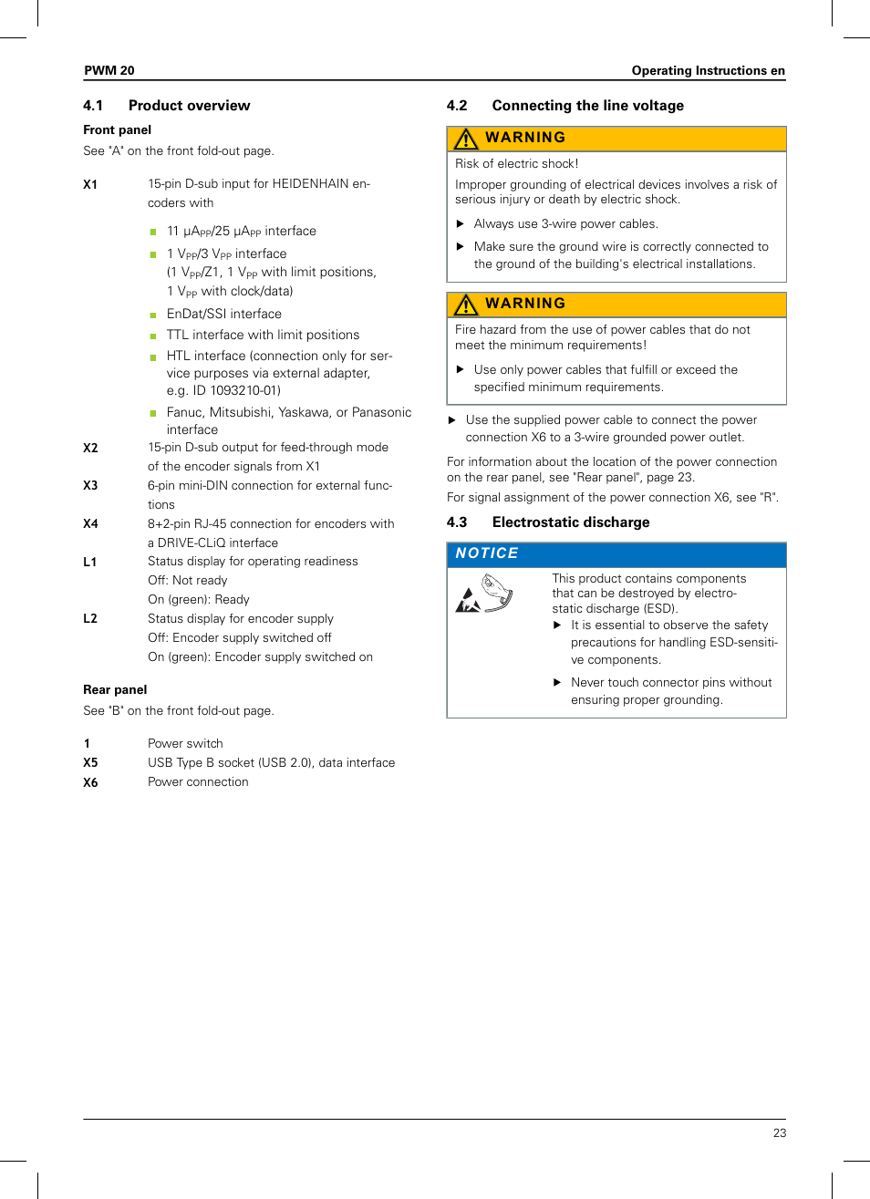 1 product overview, 2 connecting the line voltage, 3 electrostatic discharge | HEIDENHAIN PWM 20 User Manual | Page 21 / 180