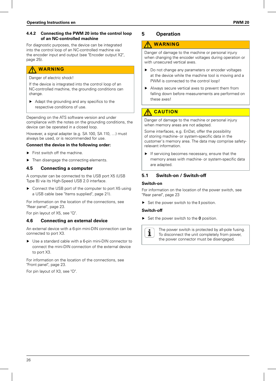 5 connecting a computer, 6 connecting an external device, 5 operation | 1 switch-on / switch-off | HEIDENHAIN PWM 20 User Manual | Page 24 / 180