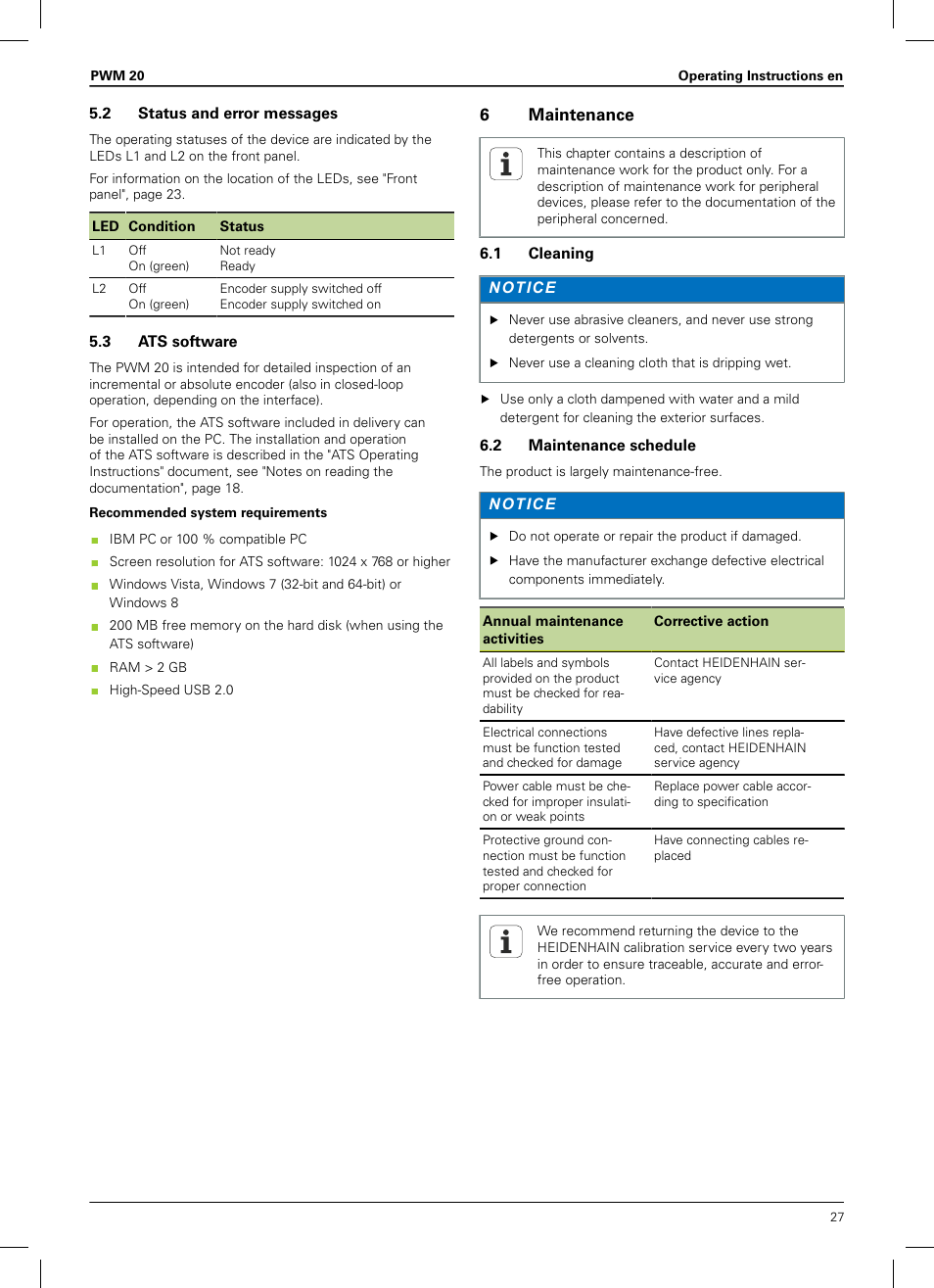 2 status and error messages, 3 ats software, 6 maintenance | 1 cleaning, 2 maintenance schedule | HEIDENHAIN PWM 20 User Manual | Page 25 / 180