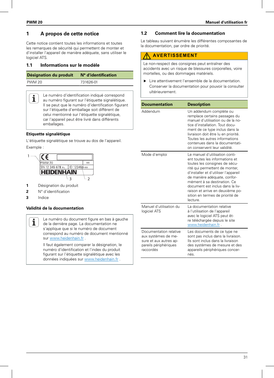 1 a propos de cette notice, 1 informations sur le modèle, 2 comment lire la documentation | Manuel d'utilisation | HEIDENHAIN PWM 20 User Manual | Page 29 / 180