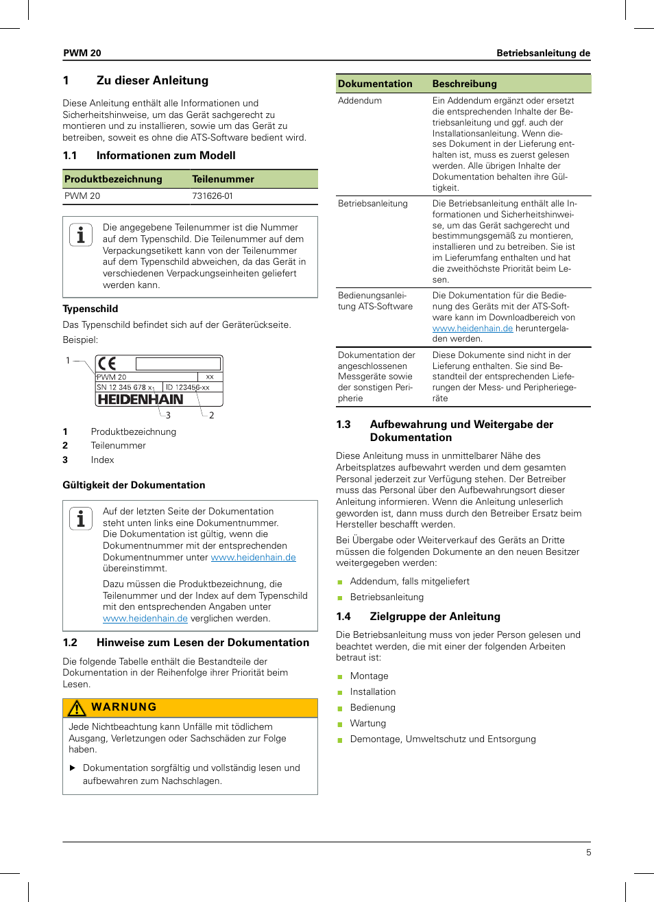1 zu dieser anleitung, 1 informationen zum modell, 2 hinweise zum lesen der dokumentation | 3 aufbewahrung und weitergabe der dokumentation, 4 zielgruppe der anleitung, Betriebsanleitung | HEIDENHAIN PWM 20 User Manual | Page 3 / 180