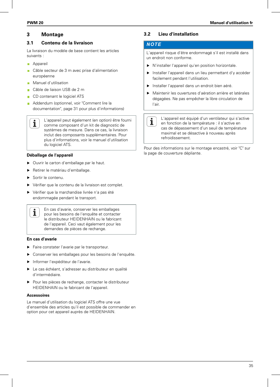 3 montage, 1 contenu de la livraison, 2 lieu d'installation | HEIDENHAIN PWM 20 User Manual | Page 33 / 180