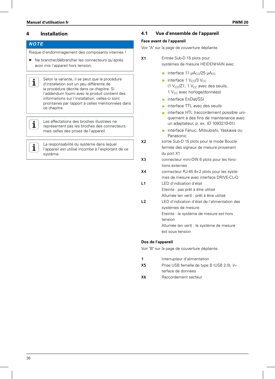 4 installation, 1 vue d'ensemble de l'appareil, 4installation | HEIDENHAIN PWM 20 User Manual | Page 34 / 180