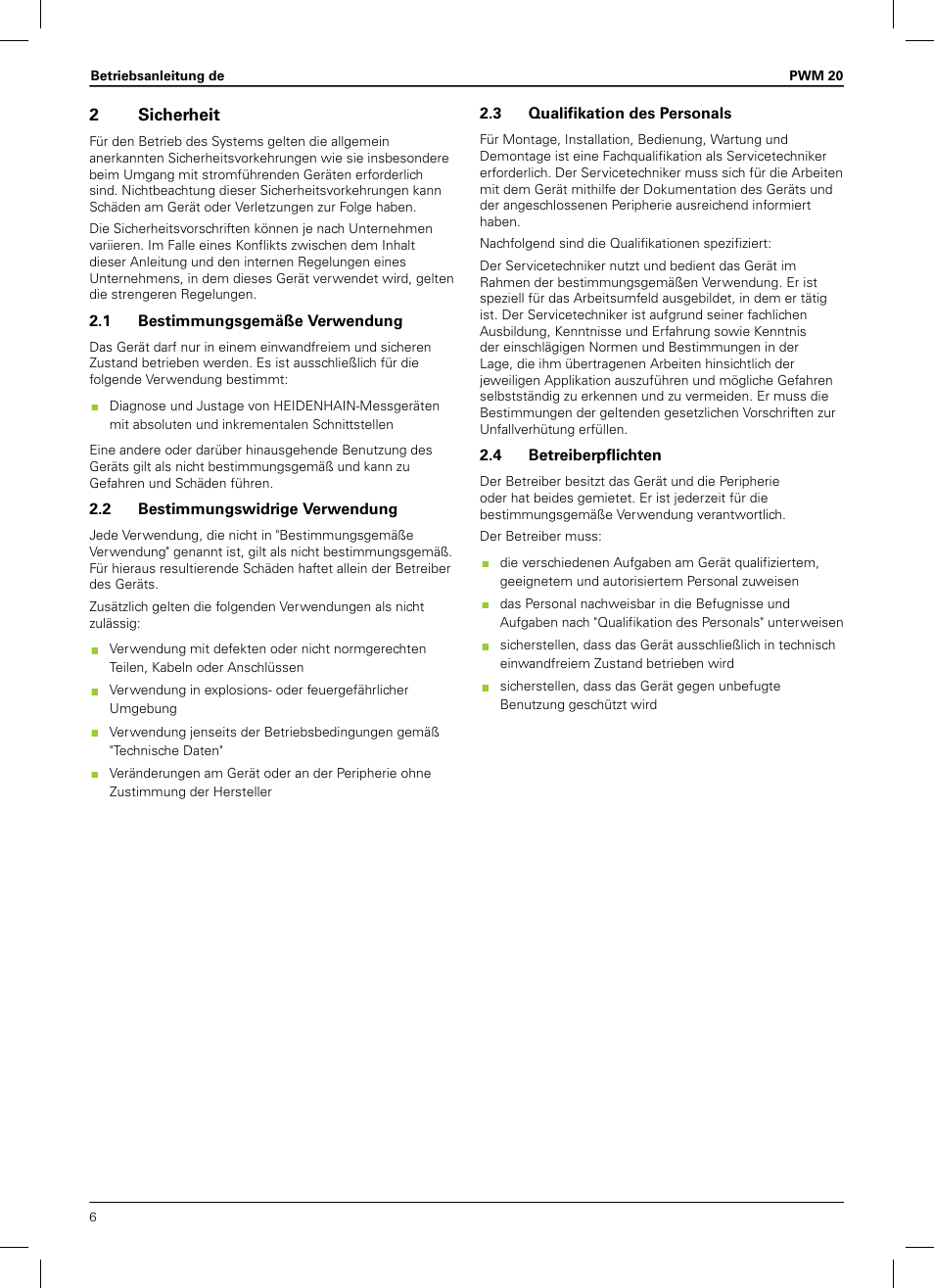 2 sicherheit, 1 bestimmungsgemäße verwendung, 2 bestimmungswidrige verwendung | 3 qualifikation des personals, 4 betreiberpflichten | HEIDENHAIN PWM 20 User Manual | Page 4 / 180