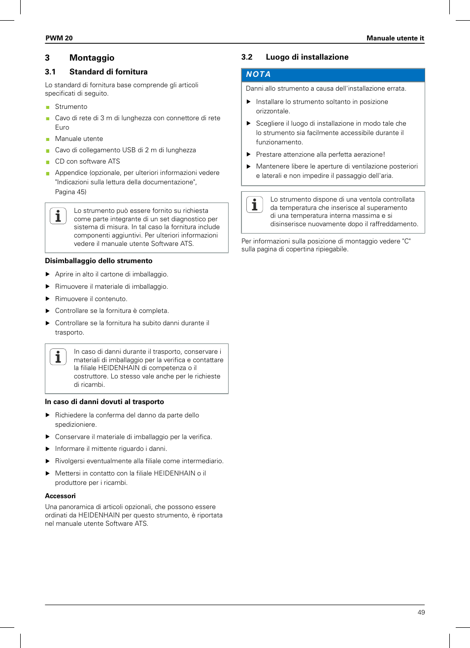 3 montaggio, 1 standard di fornitura, 2 luogo di installazione | HEIDENHAIN PWM 20 User Manual | Page 47 / 180