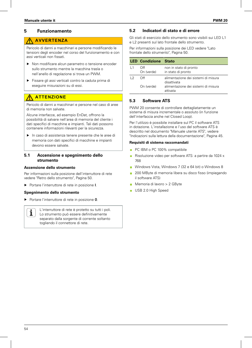 5 funzionamento, 1 accensione e spegnimento dello strumento, 2 indicatori di stato e di errore | 3 software ats | HEIDENHAIN PWM 20 User Manual | Page 52 / 180