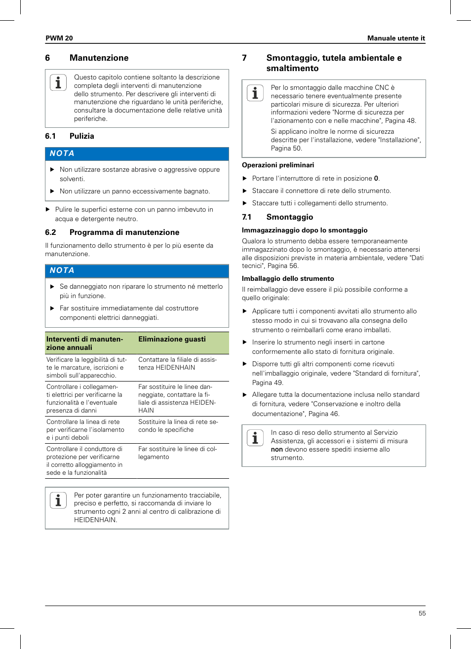 6 manutenzione, 1 pulizia, 2 programma di manutenzione | 7 smontaggio, tutela ambientale e smaltimento, 1 smontaggio | HEIDENHAIN PWM 20 User Manual | Page 53 / 180