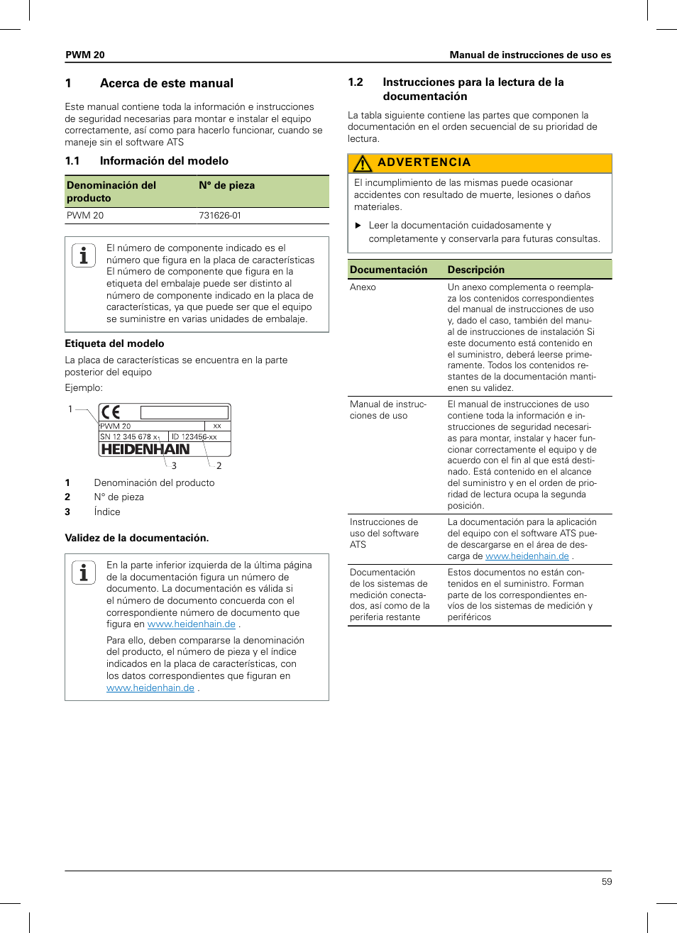 1 acerca de este manual, 1 información del modelo, Manual de instrucciones de uso | HEIDENHAIN PWM 20 User Manual | Page 57 / 180