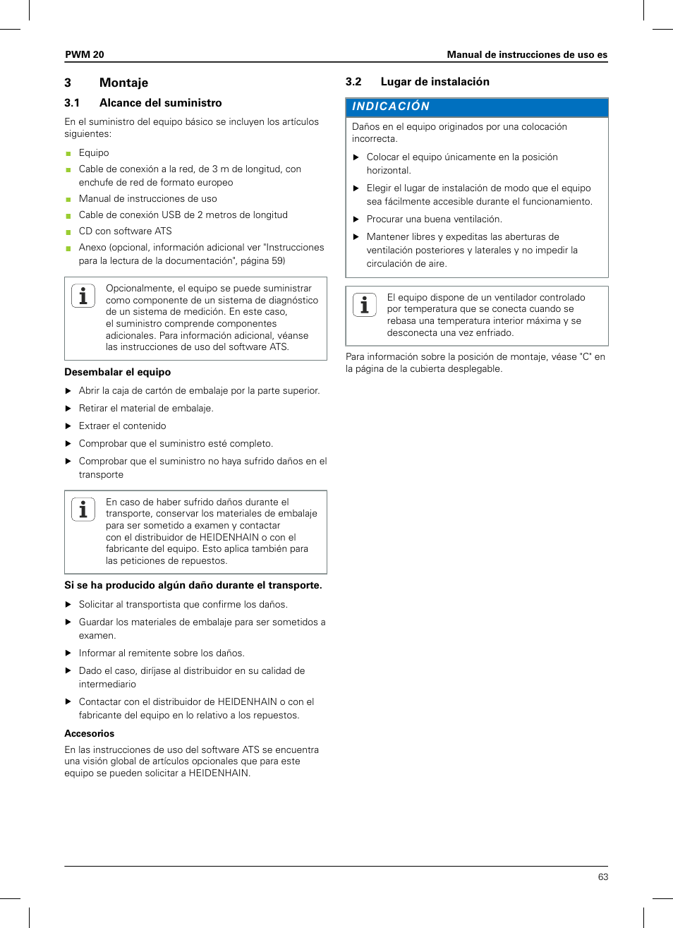 3 montaje, 1 alcance del suministro, 2 lugar de instalación | HEIDENHAIN PWM 20 User Manual | Page 61 / 180