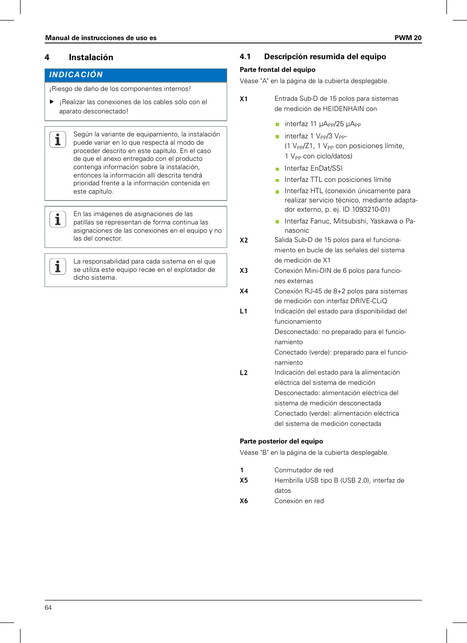 4 instalación, 1 descripción resumida del equipo, 4instalación | HEIDENHAIN PWM 20 User Manual | Page 62 / 180